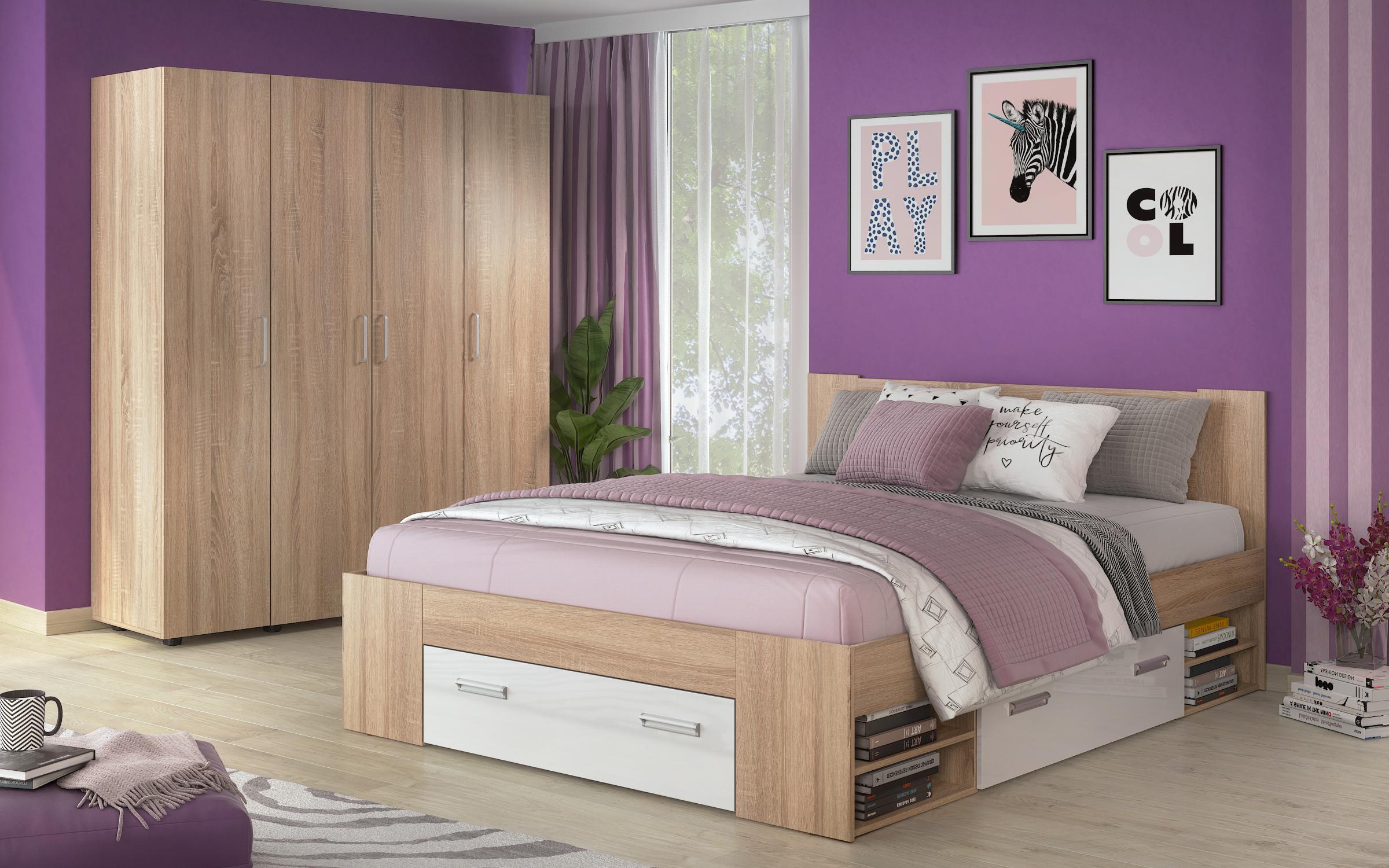 Bed Nemo + drawers for mattress 160/200, Sonoma oak + white gloss  2